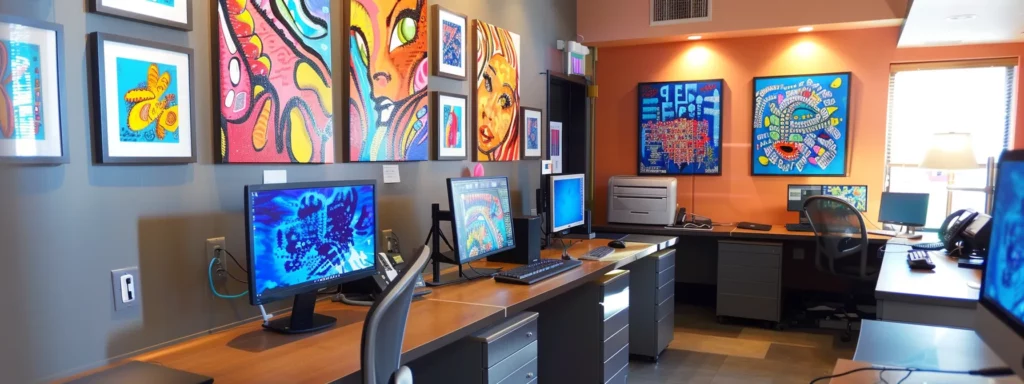 Tele-Dentistry Compliance: 10 Powerful Tips for Staying Legal | Odgers Law Group a modern dental office equipped with advanced telecommunication technology, featuring a sleek computer station surrounded by vibrant artwork, symbolizing the compliance and innovation of teledentistry in a bright, welcoming atmosphere.