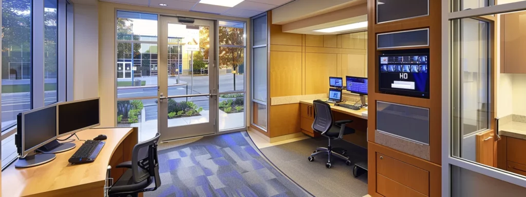 a sleek, modern dental office bathed in soft, calming light, featuring a high-tech telehealth setup that conveys professionalism and compliance in tele dentistry.