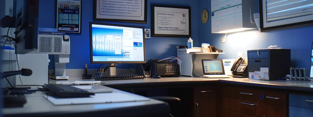 Tele-Dentistry Compliance: 10 Powerful Tips for Staying Legal | Odgers Law Group an illuminated dental office workspace, featuring a sleek computer with telehealth software open, surrounded by official compliance documents and a stethoscope, capturing the essence of a secure and compliant teledentistry practice.